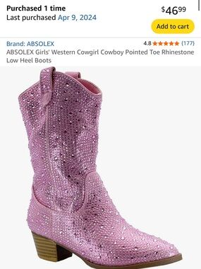 Girls' Western Cowgirl Cowboy Pointed Toe Rhinestone Low Heel Boots